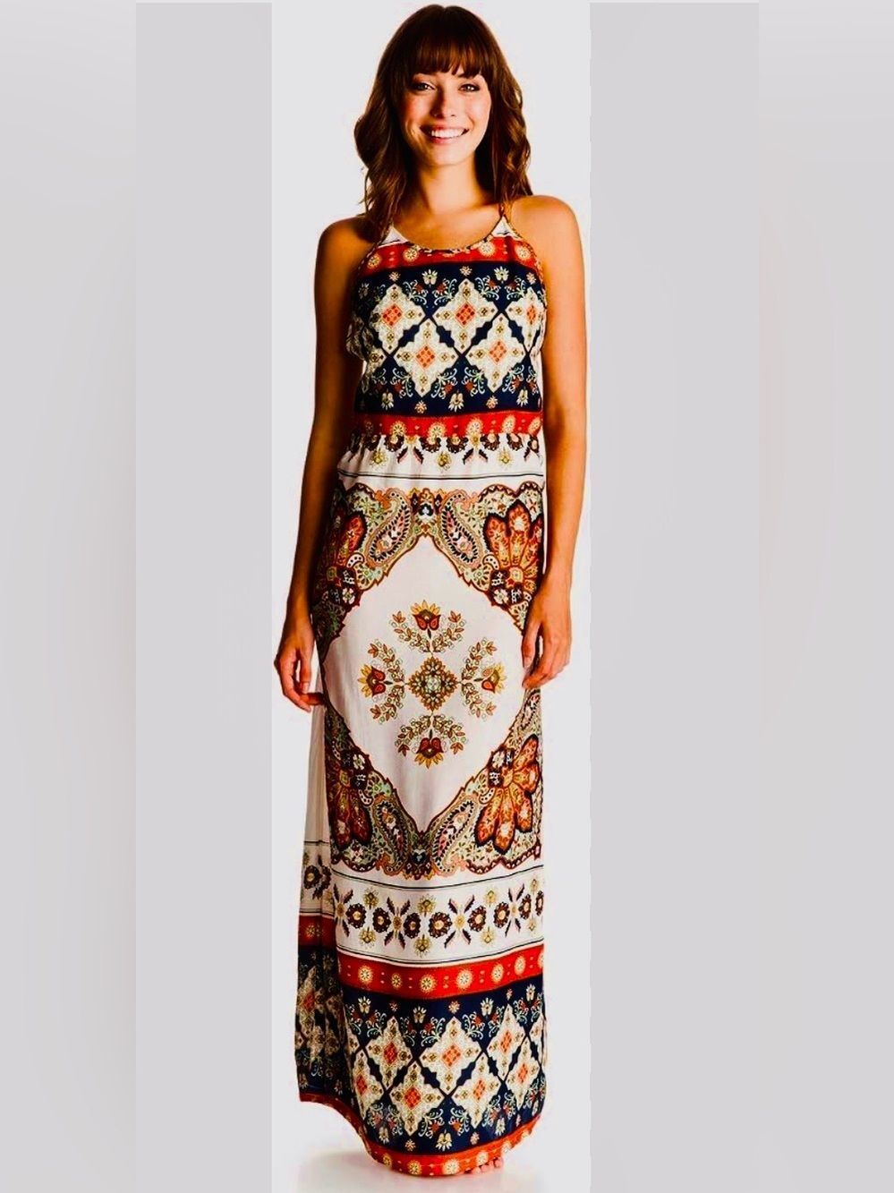 ROXY Bohemian Floral Print Maxi Dress in Ivory and Navy, size Medium
